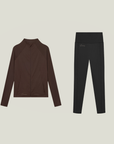 Cuera Active Zip Cardigan & Tights Long in Black/Dark Brown, flat lay front view
