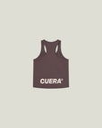 Model wearing Cuera Oncourt Cuera Airy Tank Top in Dark Brown, front studio view