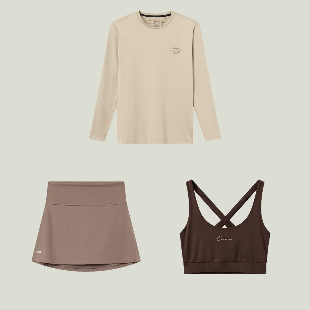 CUERA padel set for women with Oncourt LS Layer long-sleeve t-shirt in sand, 2-in-1 skirt in walnut and Soft Bra Top in dark brown