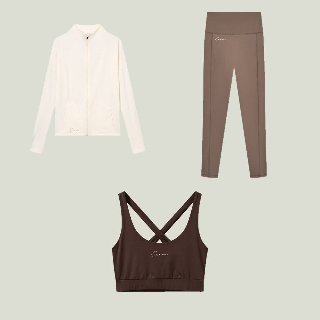 CUERA padel set for women with zip cardigan in off-white, long logo tights in walnut and Soft Bra Top in dark brown