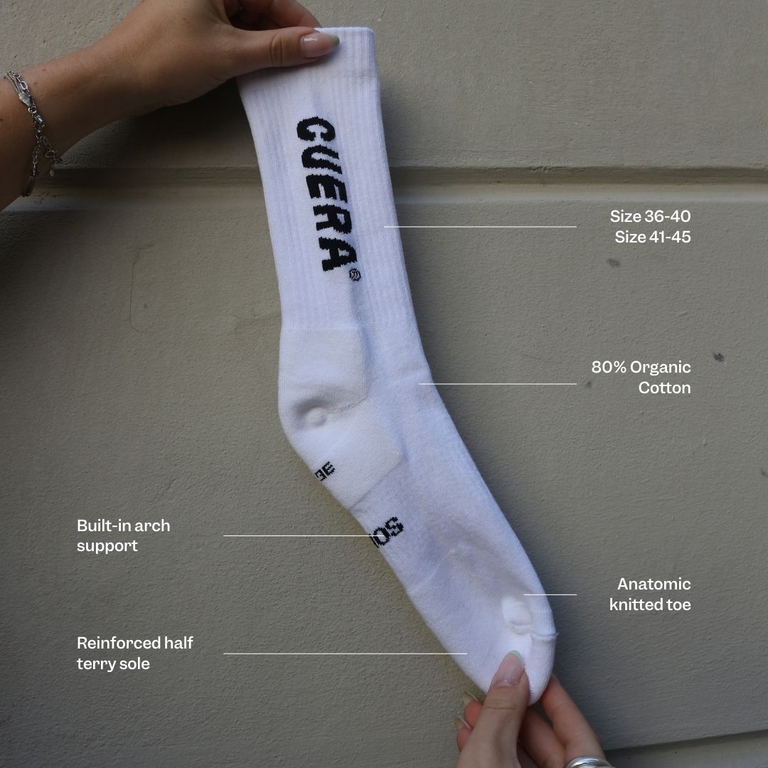 Model wearing Cuera 2-pack Cuera Padel Socks in White/Navy, close-up detail on model