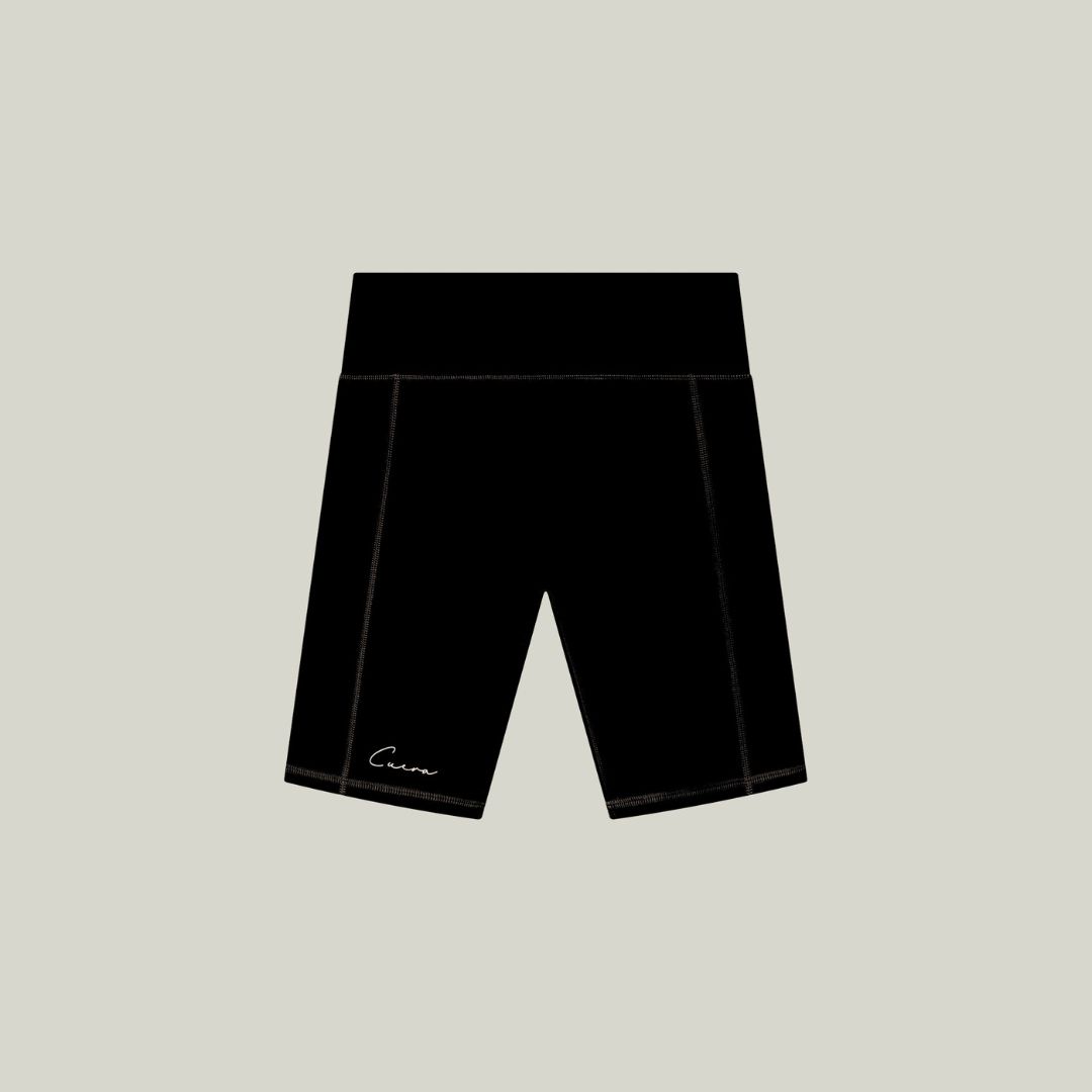 Cuera Active Biker Tights Hidden Seem in Black, flat lay front view