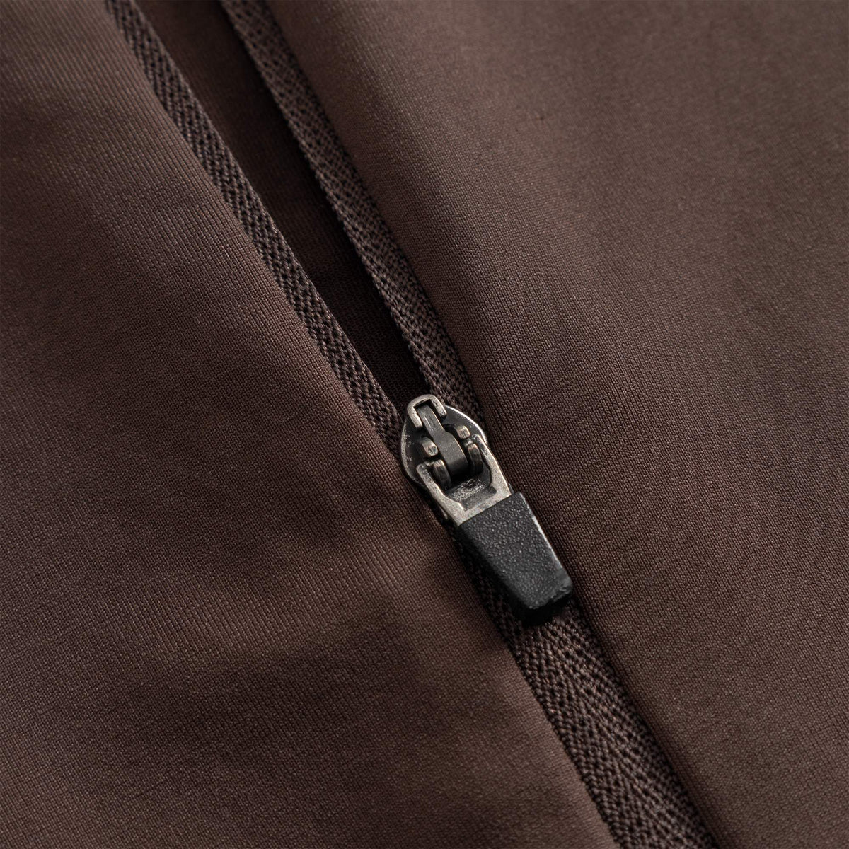 Cuera Active Cuera Zip Cardigan in Dark Brown, zip and pocket detail