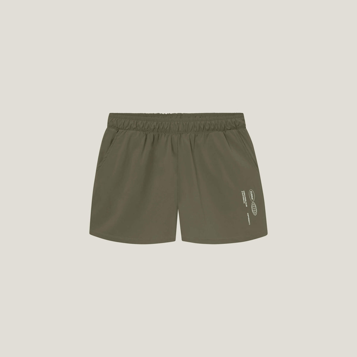 Cuera Womens Active Globe Shorts in Army, flat lay front view