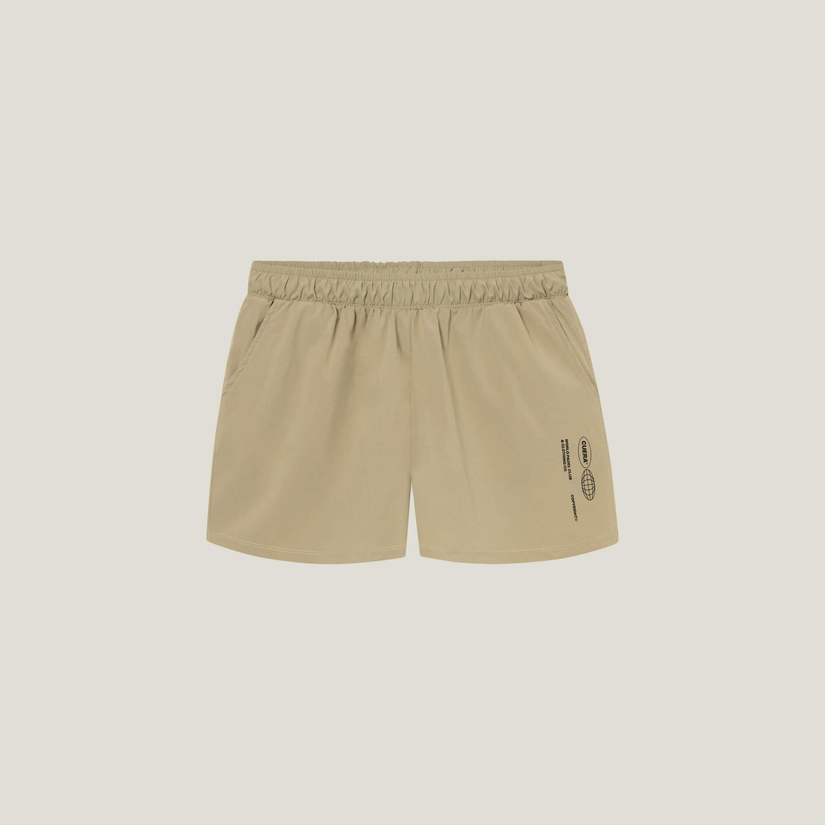 Cuera Womens Active Globe Shorts in Sand, flat lay front view