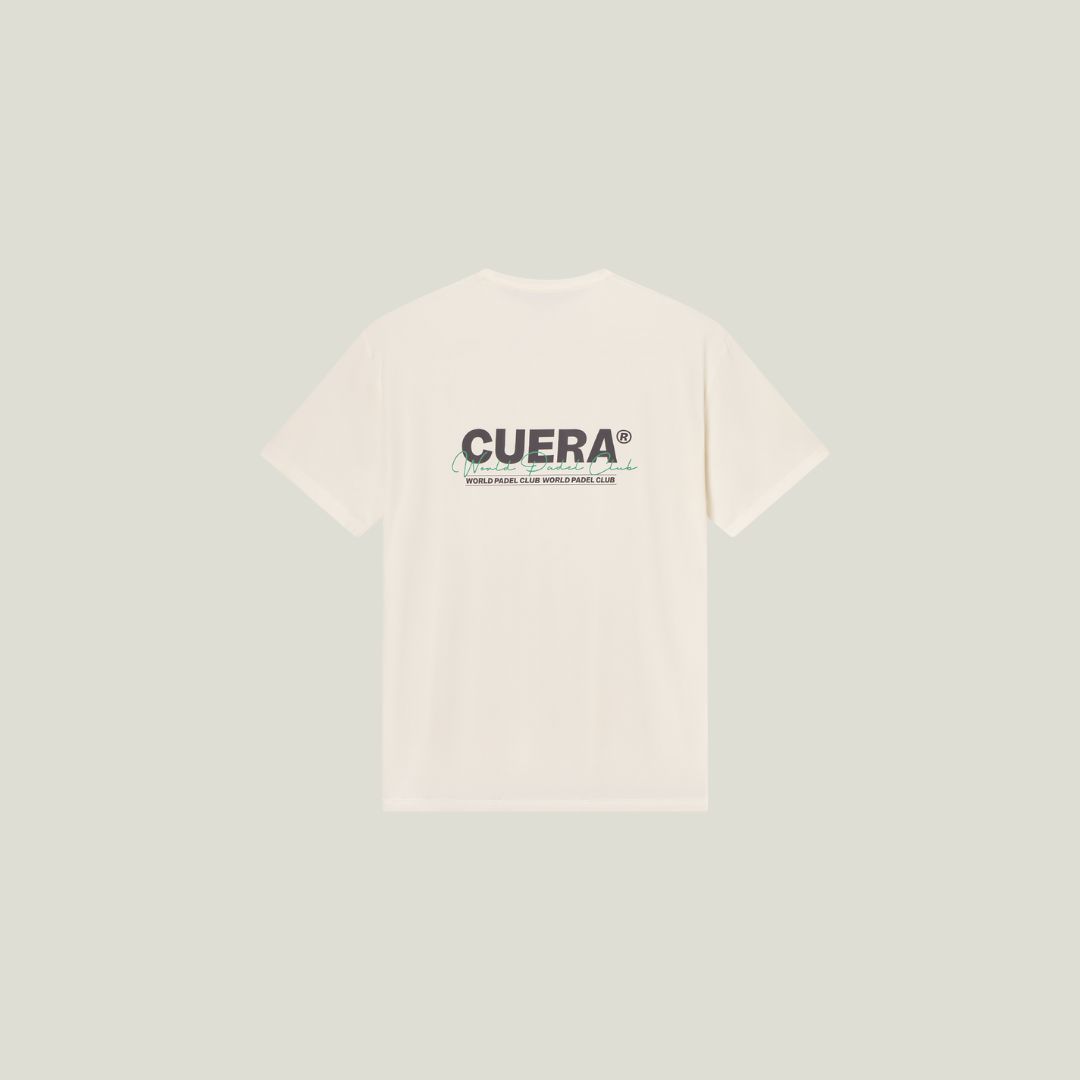 Cuera Active Light Weight T-Shirt in Off White w. Navy/Green, flat lay back view