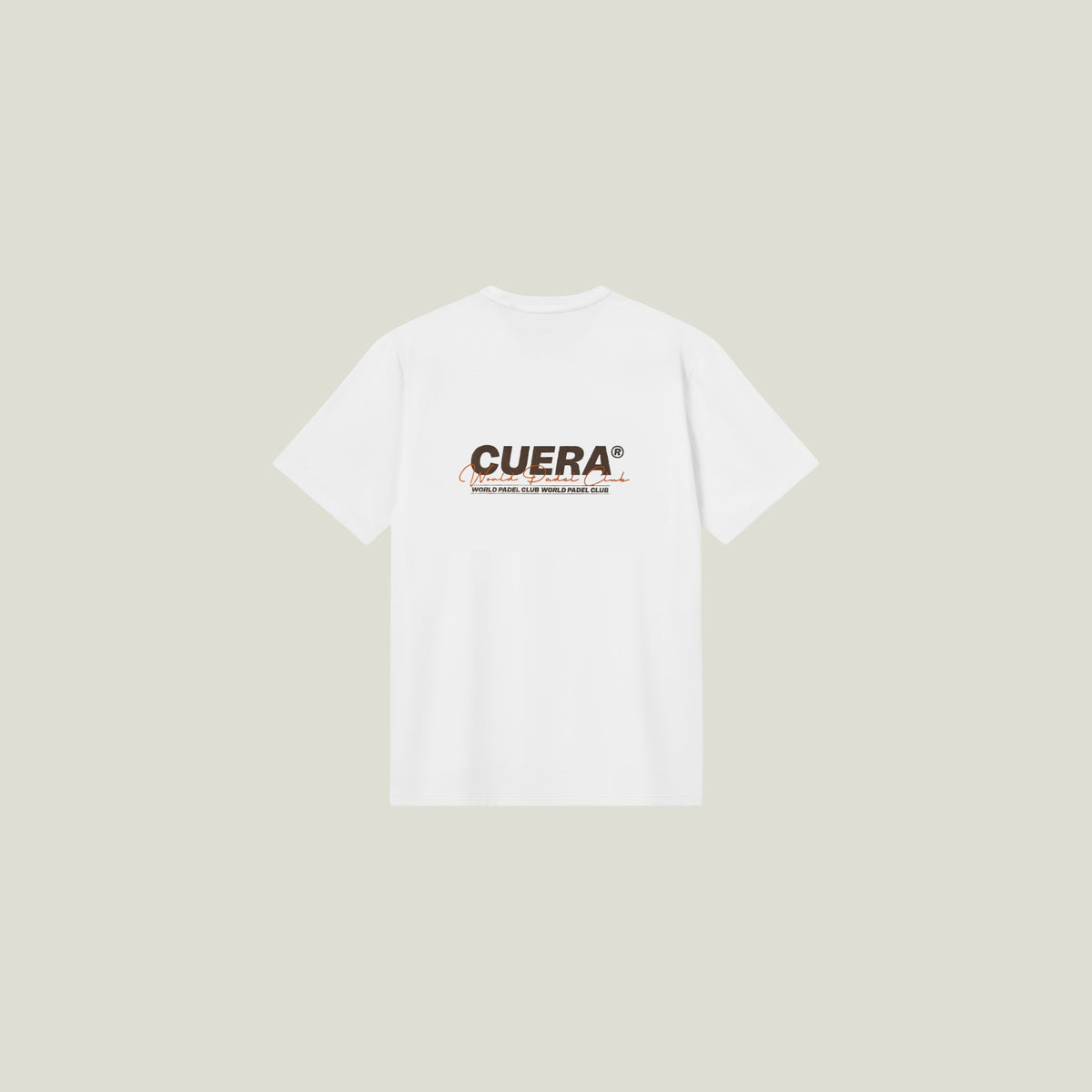 Cuera Active Light Weight T-Shirt in White w. walnut, flat lay back view