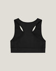 Cuera Active Made Bra in Black, flat lay racerback view