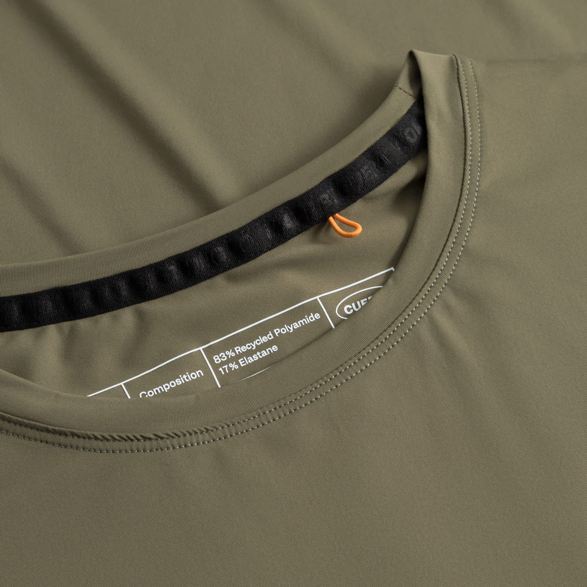 Cuera Active WPC Light Weight T-Shirt in Army, neck label and care tag detail