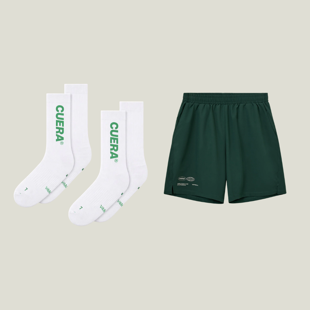 Cuera Green shorts &amp; 2-pack socks, flat lay front view