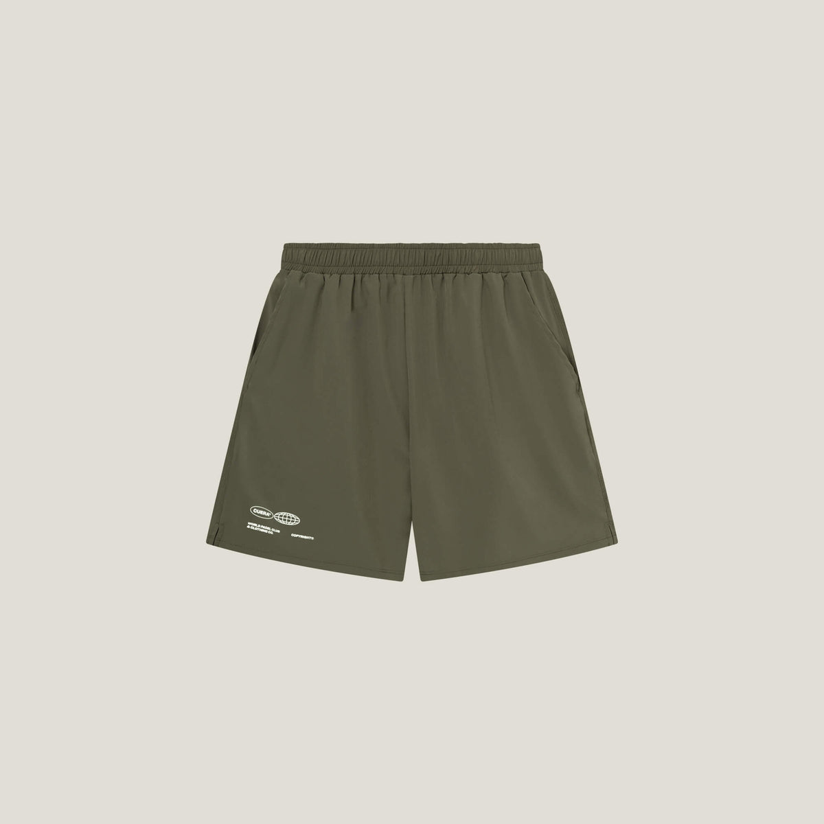 Cuera Mens Active Globe Shorts in Army, flat lay front view