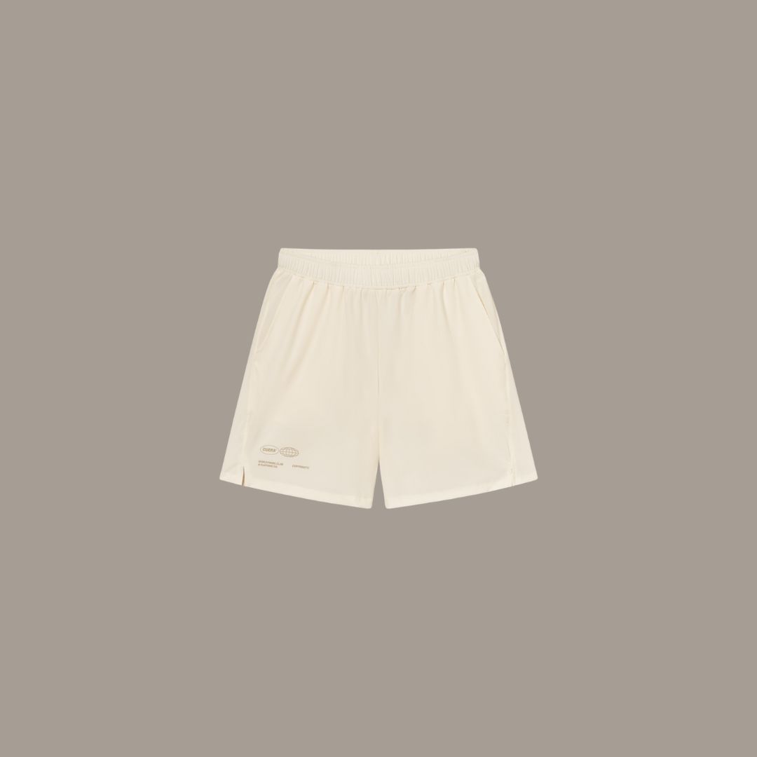 Cuera Mens Active Globe Shorts in Off White, flat lay front view