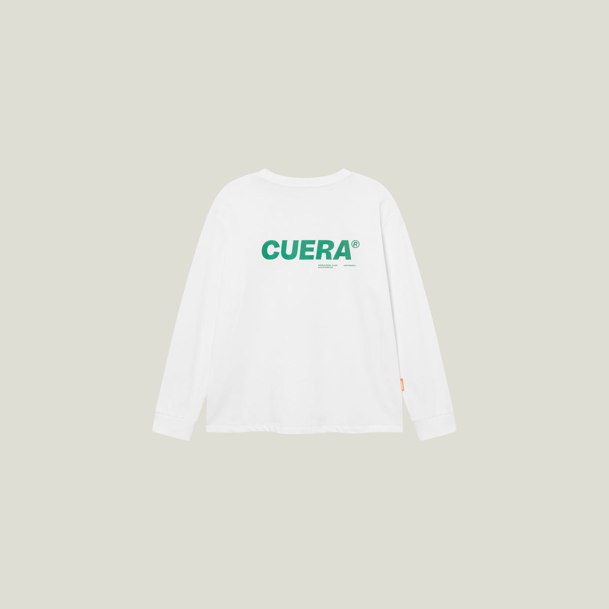 Cuera Offcourt Logo Long Sleeve in White w. Green, flat lay back view