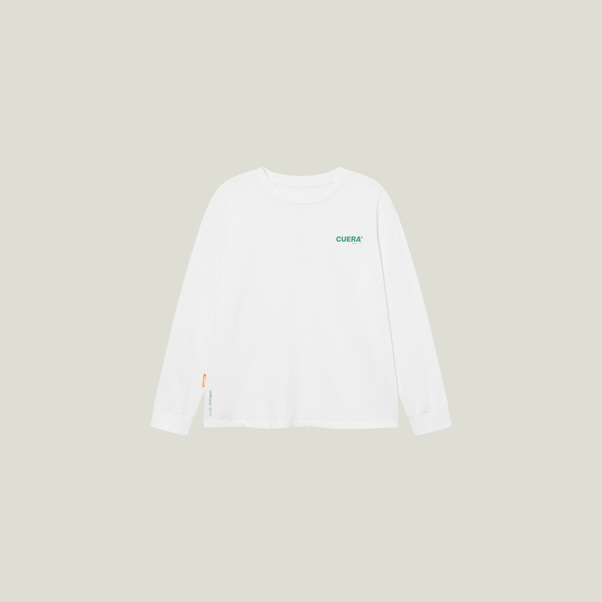 Cuera Offcourt Logo Long Sleeve in White w. Green, flat lay front view