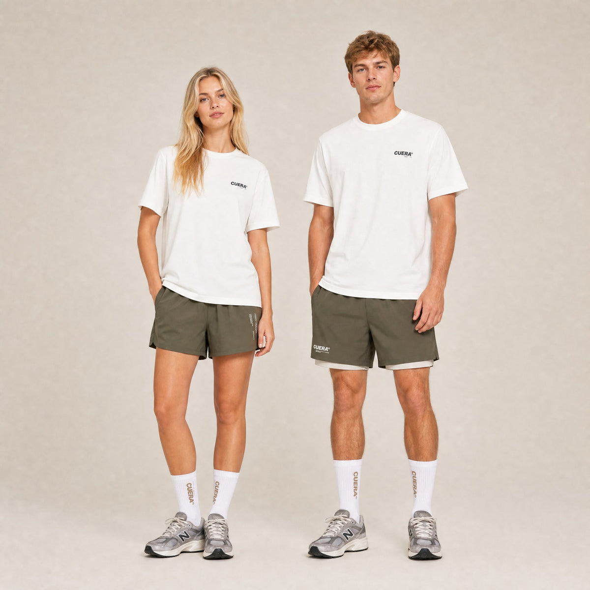 Model wearing Cuera Offcourt Logo T-Shirt in Off White w. Black, lifestyle action shot on the padel court
