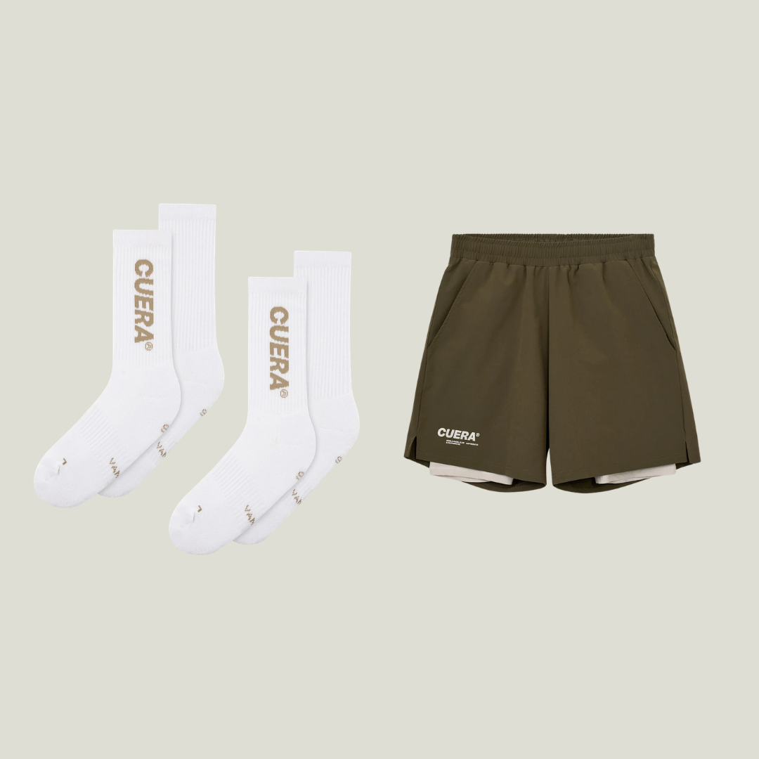 Cuera Oncourt 2in1 Shorts Army & 2-pack socks Walnut, flat lay front view