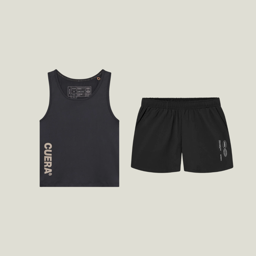 Cuera Oncourt Black Tank Top & Shorts, flat lay front view