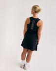 Model wearing Cuera Oncourt Cuera Dress in Black, back studio view