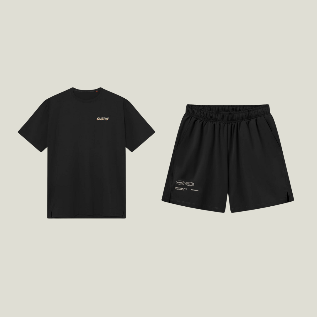 Cuera Oncourt Shorts & Light Weight T-Shirt  Black Bundle, flat lay front view