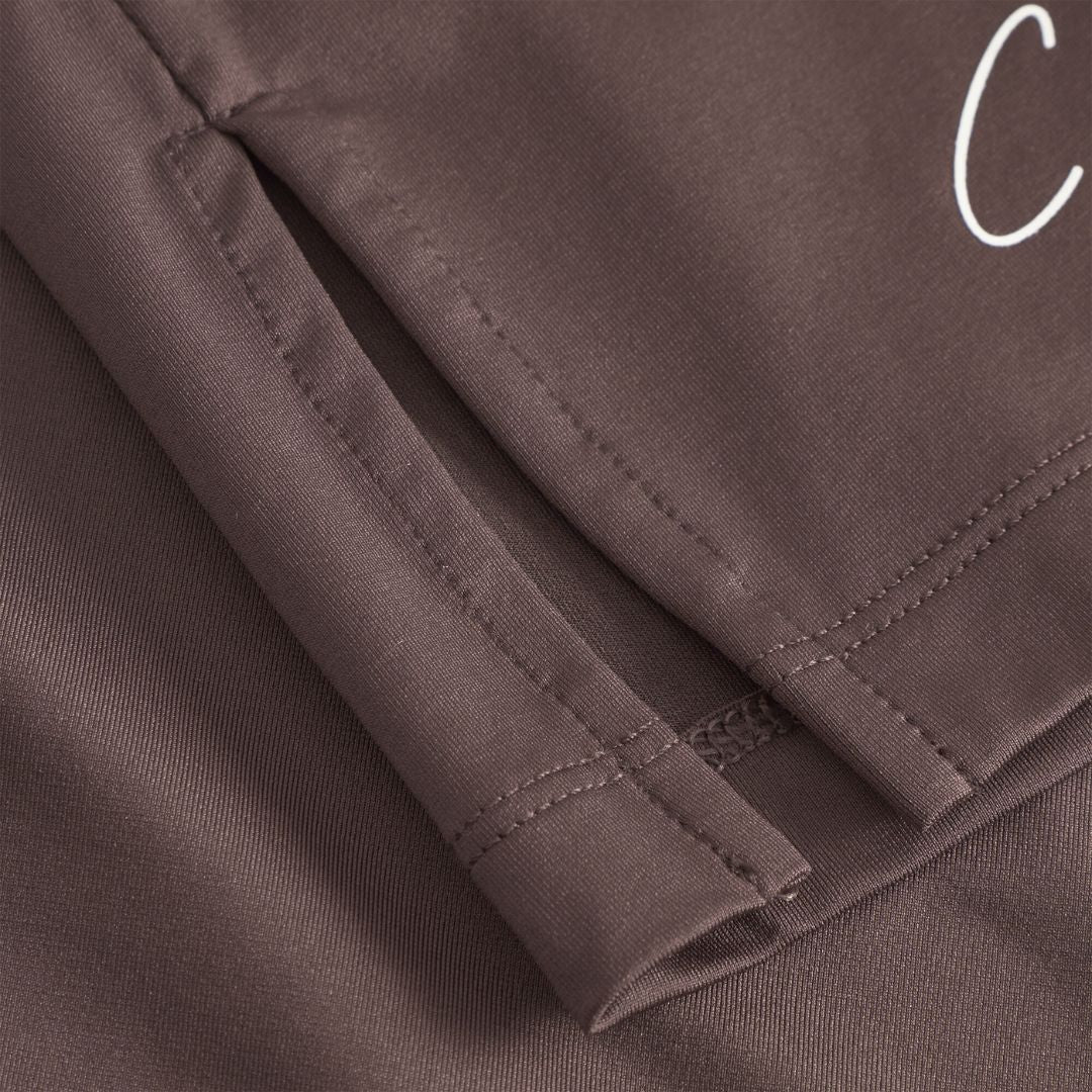 Cuera Slit Top SS &amp; Active Globe Shorts in Dark Brown bundle, logo print detail