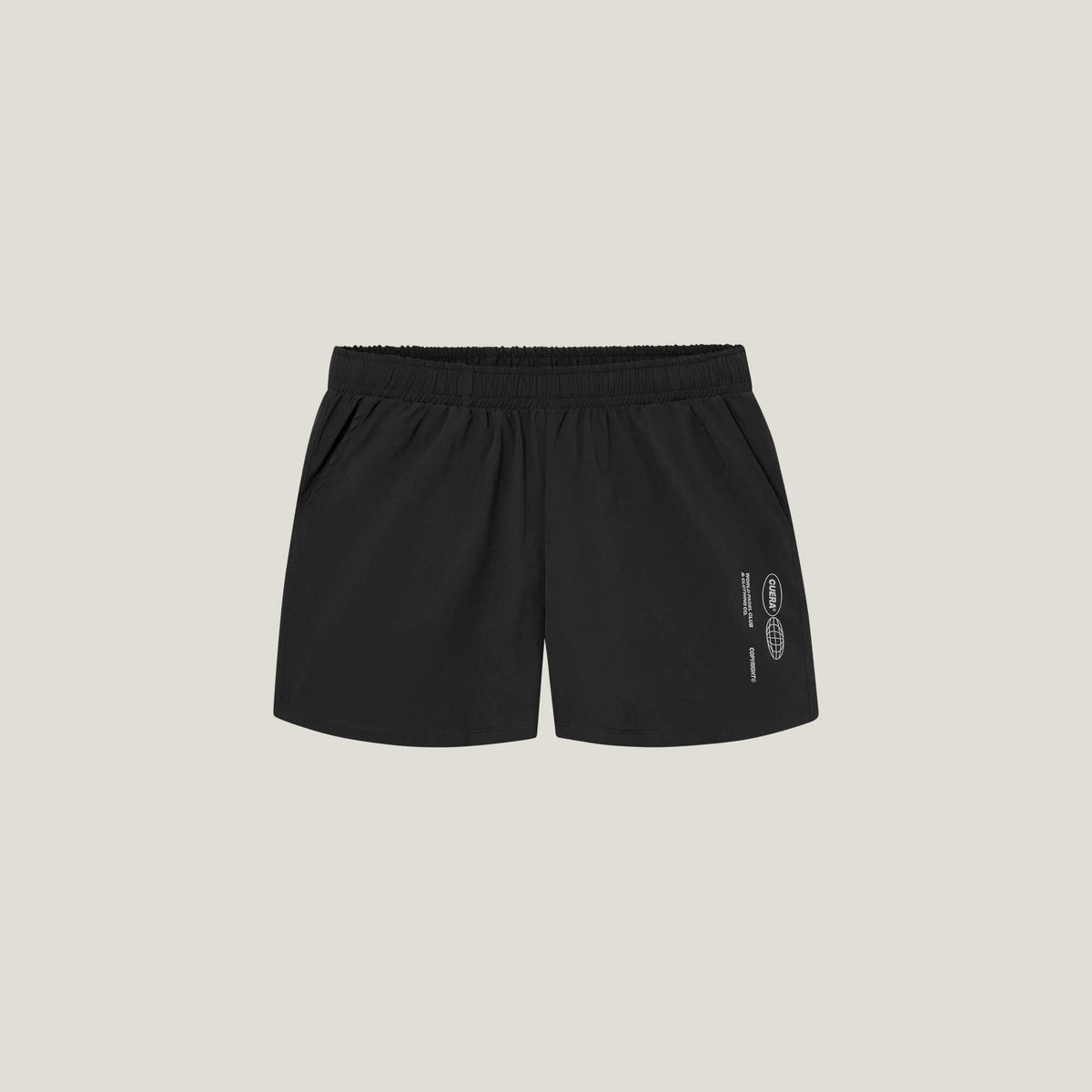 Cuera Women's Active Globe Shorts in Black, flat lay front view