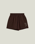 Cuera Womens Active Globe Shorts in Dark Brown, flat lay front view